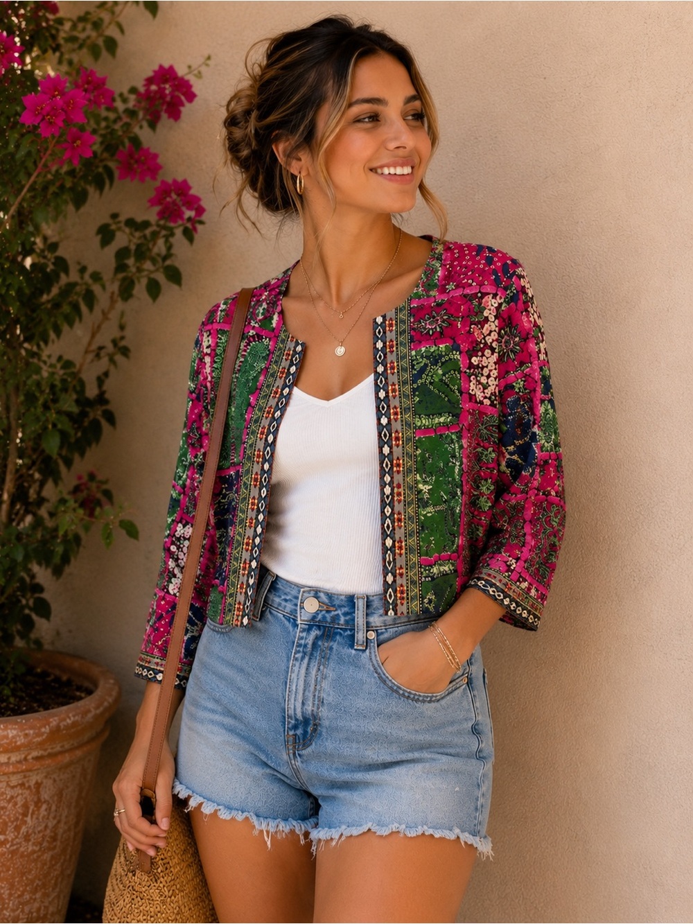 Cropped Patchwork-Print Blazer in Pink & Green